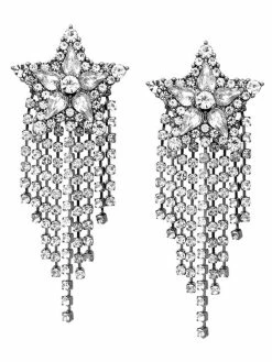 Rough Sketch Rhinestone Pave Star With Fringe Drop Earrings