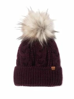David And Young Hats Cable Knit Fur Pom Beanie
