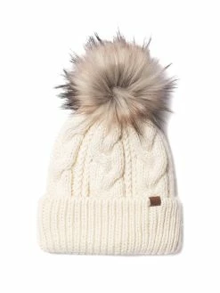 David And Young Hats Cable Knit Fur Pom Beanie