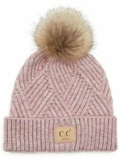 Accessories Kids Rose Diagonal Stripe Criss-Cross Knit Pom Beanie C.C Collection