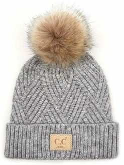 Apparel C.C Collection Kids Light Melange Grey Diagonal Stripe Criss-Cross Knit Pom Beanie