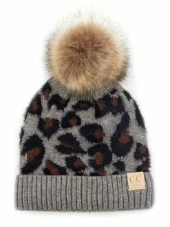 Accessories Kids Light Melange Grey Leopard Print Faux Fur Pom Beanie C.C Collection