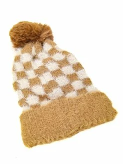 Fame Fuzzy Pom Checkered Beanie