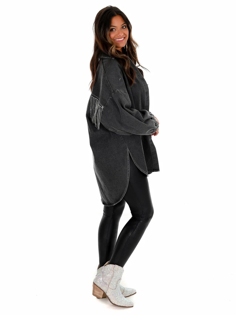 Cheap ๐ Blue B Take My Hand Rhinestone Fringe Denim ๐ Shirt ๐ฏ 7 Blue B Take My Hand Rhinestone Fringe Denim Shirt