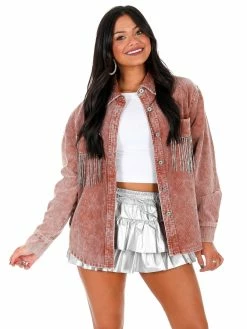 Blue B Tops Think About It Rhinestone Fringe Corduroy Jacket