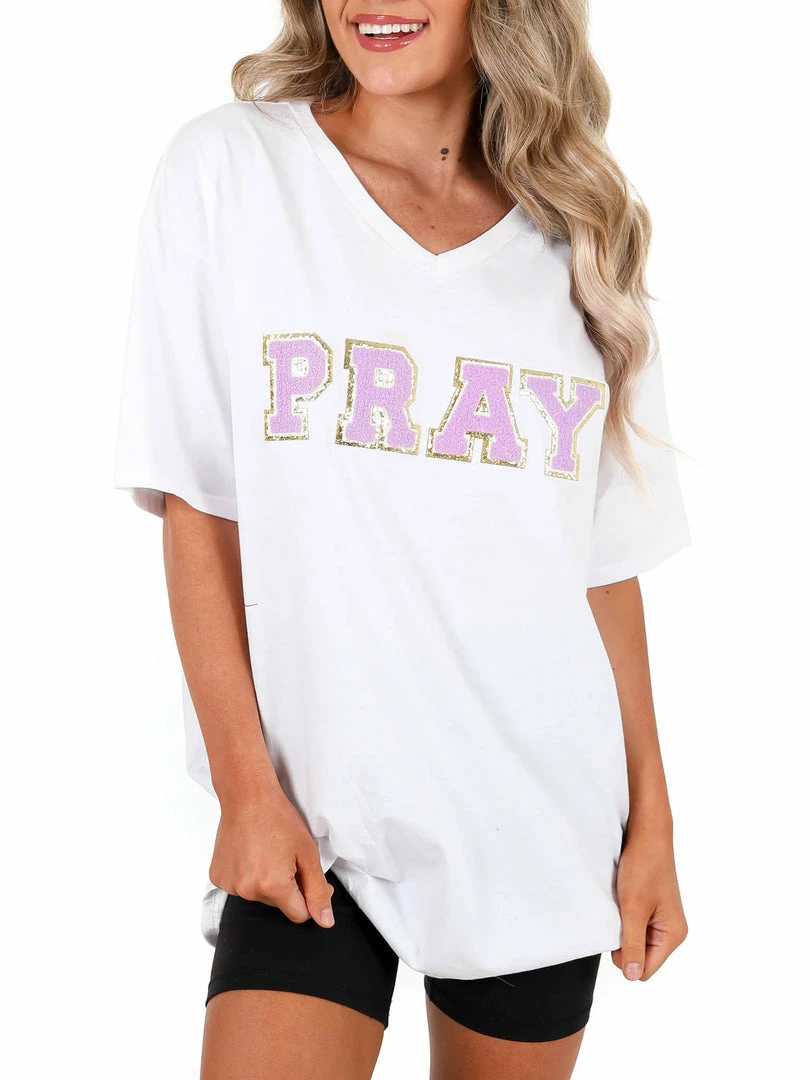 Wholesale 🔥 Josie's Boutique Pray Chenille Letter T-Shirt ⌛ 5 Josie's Boutique Pray Chenille Letter T-Shirt