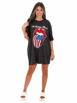 Livy Lu Rolling Stones USA Flag Lick Off Oversized Distressed Tee
