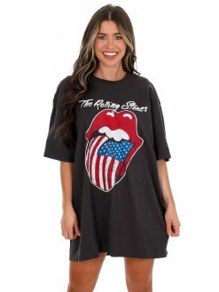 Livy Lu Rolling Stones USA Flag Lick Off Oversized Distressed Tee