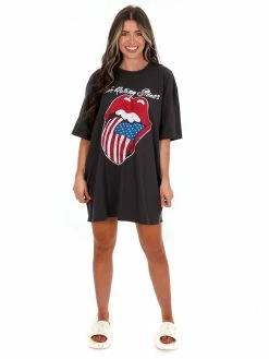Livy Lu Rolling Stones USA Flag Lick Off Oversized Distressed Tee