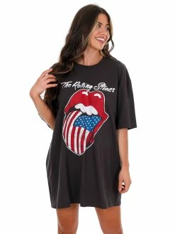Livy Lu Rolling Stones USA Flag Lick Off Oversized Distressed Tee