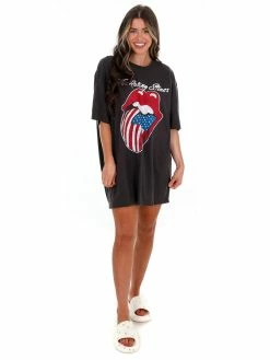Livy Lu Rolling Stones USA Flag Lick Off Oversized Distressed Tee