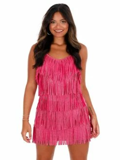 Nylon Apparel Sale A Little Sparkle Fuchsia Rhinestone Fringe Mini Dress