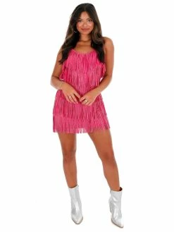 Nylon Apparel Sale A Little Sparkle Fuchsia Rhinestone Fringe Mini Dress