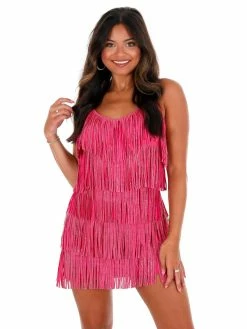 Nylon Apparel Sale A Little Sparkle Fuchsia Rhinestone Fringe Mini Dress