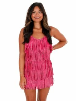 Nylon Apparel Sale A Little Sparkle Fuchsia Rhinestone Fringe Mini Dress