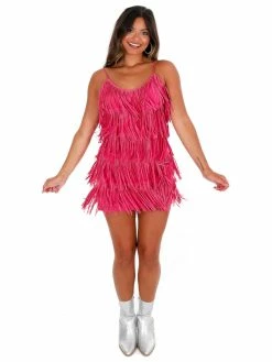 Nylon Apparel Sale A Little Sparkle Fuchsia Rhinestone Fringe Mini Dress