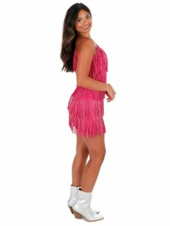 Nylon Apparel Sale A Little Sparkle Fuchsia Rhinestone Fringe Mini Dress
