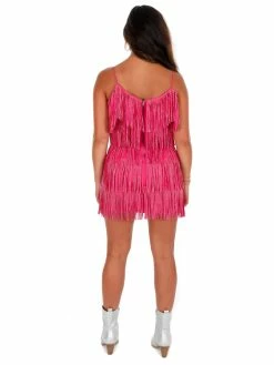 Nylon Apparel Sale A Little Sparkle Fuchsia Rhinestone Fringe Mini Dress