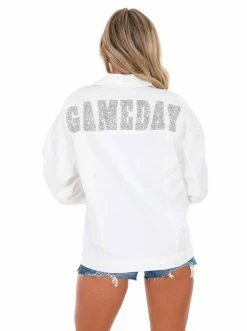 Love Tree Diamond Gameday White Denim Jacket