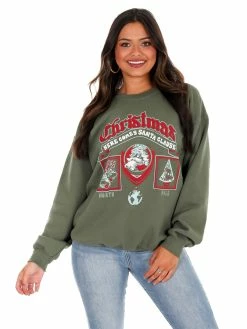 Livy Lu Sale Christmas Patch Military Green Thrifted Sweatshirt