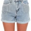 Cloud Ten Good Mood Light Denim Rhinestone Fringe Jean Shorts Sale