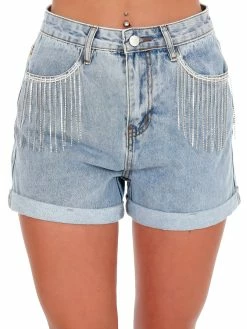 Cloud Ten Good Mood Light Denim Rhinestone Fringe Jean Shorts Sale