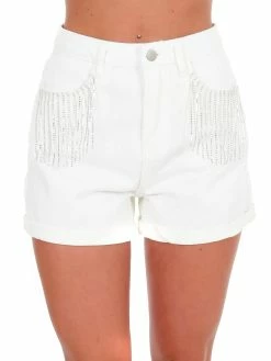 Cloud Ten Good Mood White Rhinestone Fringe Jean Shorts Sale