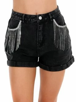 Cloud Ten Good Mood Black Rhinestone Fringe Jean Shorts