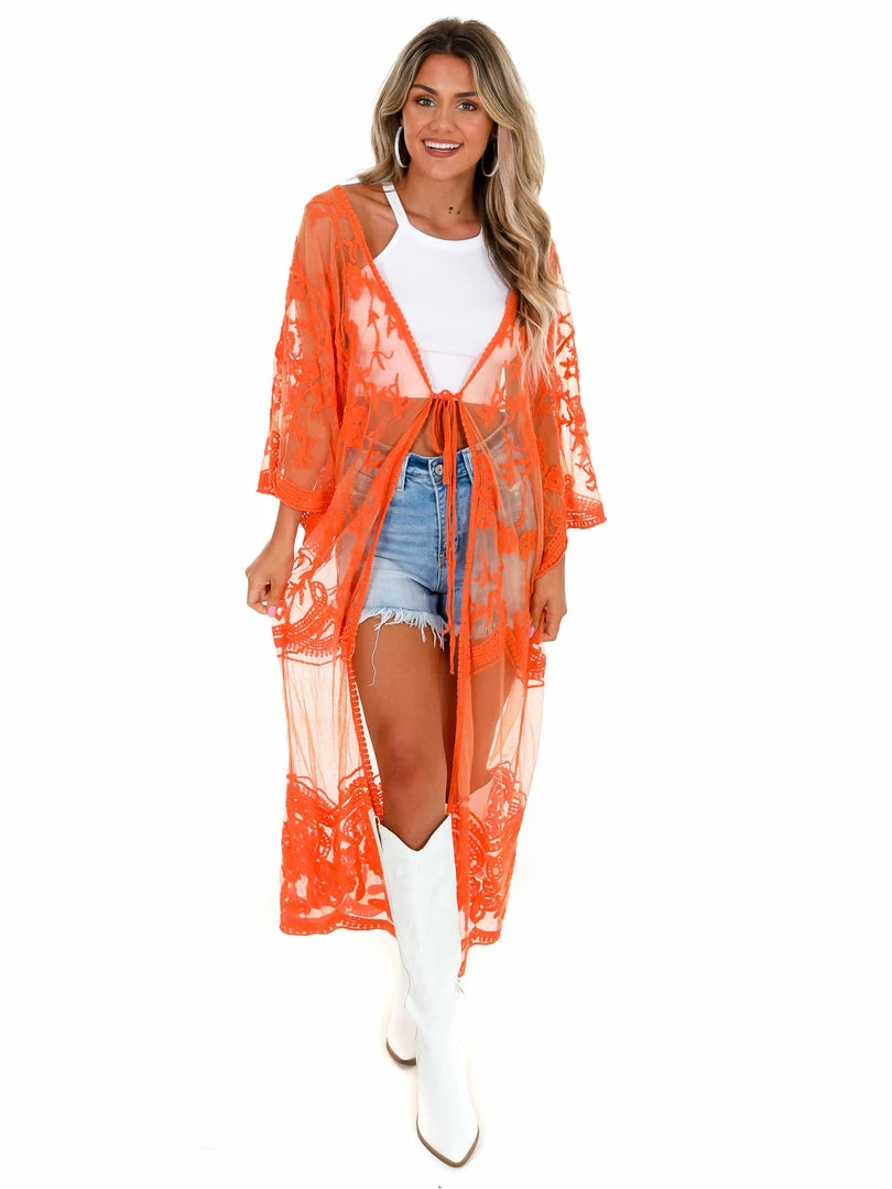 Best deal 🥰 Davi & Dani Go For It Orange Sheer Lace Kimono Apparel 👏 2 Davi & Dani Go For It Orange Sheer Lace Kimono Apparel