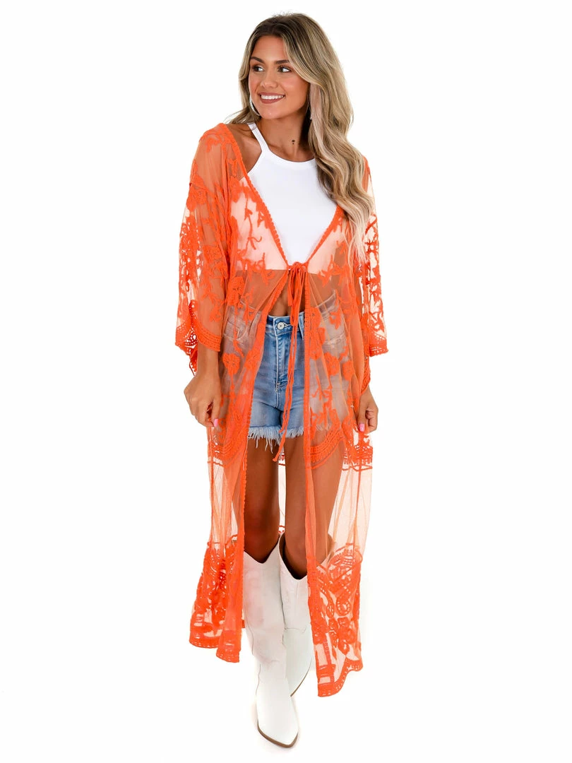 Best deal 🥰 Davi & Dani Go For It Orange Sheer Lace Kimono Apparel 👏 3 Davi & Dani Go For It Orange Sheer Lace Kimono Apparel