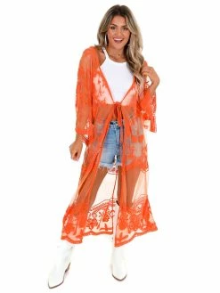 Best deal 🥰 Davi & Dani Go For It Orange Sheer Lace Kimono Apparel 👏 10 Davi & Dani Go For It Orange Sheer Lace Kimono Apparel