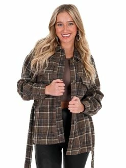 Hyfve Totally Flirty Plaid Belted Shacket Tops