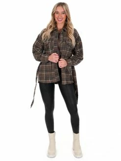Hyfve Totally Flirty Plaid Belted Shacket Tops