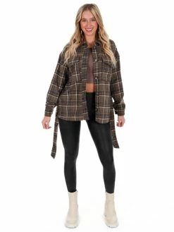 Hyfve Totally Flirty Plaid Belted Shacket Tops