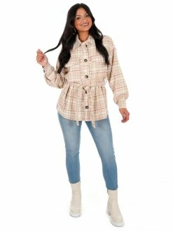 Hyfve Totally Flirty Plaid Belted Shacket Tops