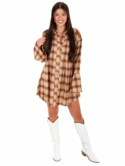 Easel Southern Nights Camel Orange Plaid Dress