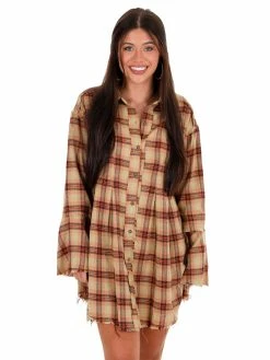 Easel Southern Nights Camel Orange Plaid Dress