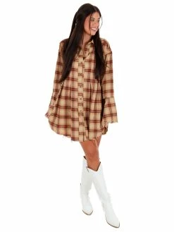 Easel Southern Nights Camel Orange Plaid Dress