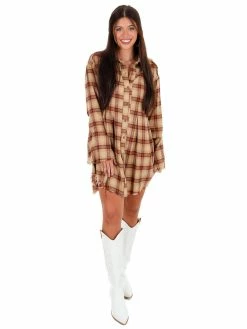 Easel Southern Nights Camel Orange Plaid Dress
