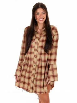 Easel Southern Nights Camel Orange Plaid Dress
