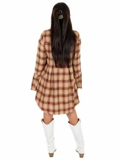 Easel Southern Nights Camel Orange Plaid Dress