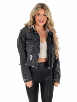Easel White Tri-Star Black Cropped Denim Hoodie Jacket