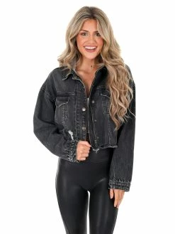 Easel White Tri-Star Black Cropped Denim Hoodie Jacket