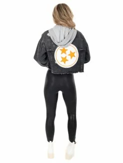 Easel White Tri-Star Black Cropped Denim Hoodie Jacket