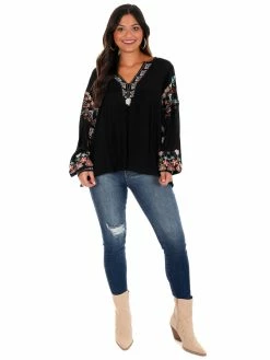 Easel Where Or When Embroidered Top