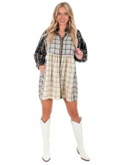 Peach Love California Ride Away Mixed Plaid Dress Dresses
