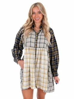 Peach Love California Ride Away Mixed Plaid Dress Dresses