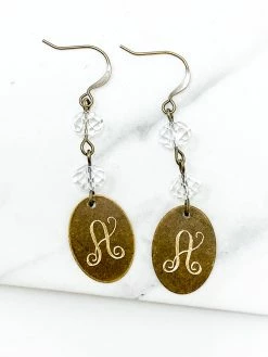 Jewelry Crystal Drop Bronze Oval Initial Earrings