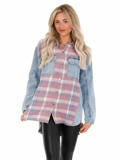 Umgee Can't Believe It Plaid Colorblock Shacket Tops