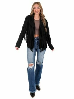 Umgee Broken Strings Suede Fringe Jacket Outerwear